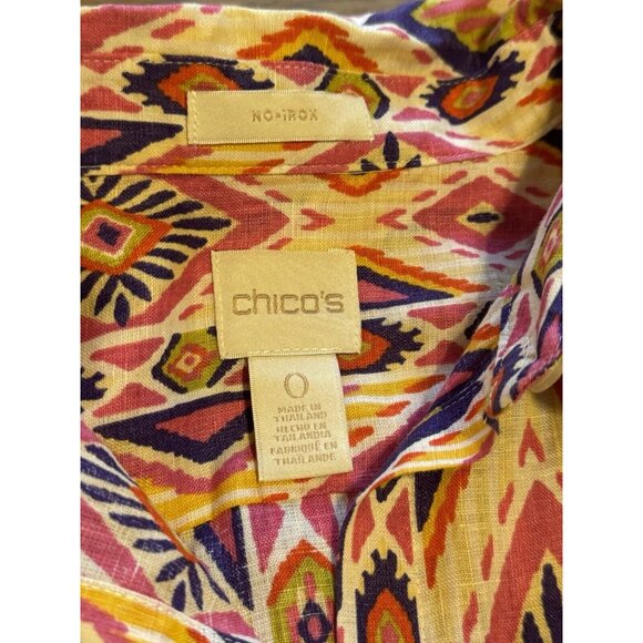 Chicos Womens Size 0 Linen No Iron Button Up Shirt 3/4 Sleeve Aztec Colorful - Picture 3 of 15